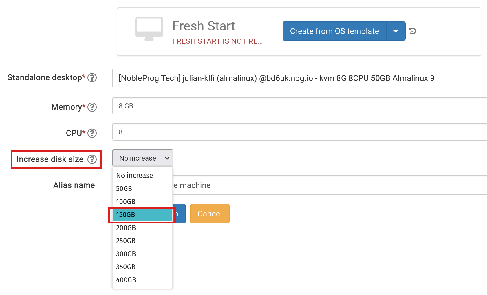 Δημιουργία Freshh Start από Standalone, επιλέξτε αλλαγή μεγέθους δίσκου