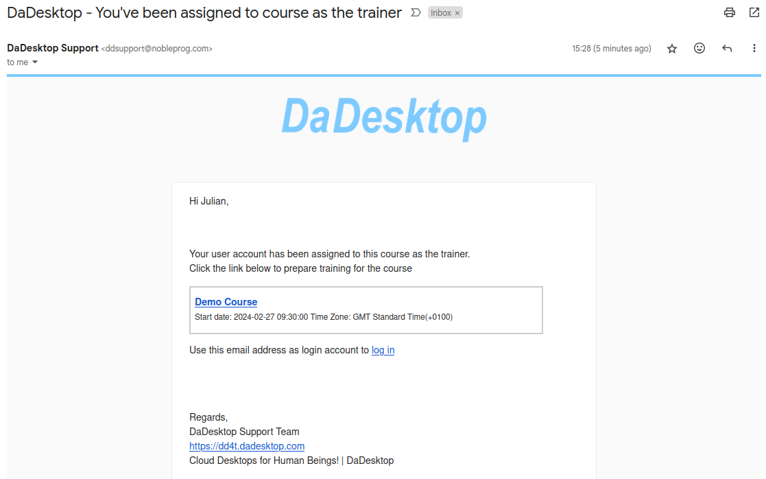 Ο εκπαιδευτής λαμβάνει ένα email σχετικά με την ανάθεση μαθήματος